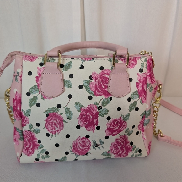 Betsey Johnson Pink Rose And Polka Dot Floral Handbag Tote Satchel EUC - Picture 5 of 12